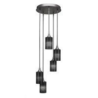 Empire 5 Light Cluster Pendalier Shown In Brushed Nickel Finish With 4 Black Matrix Glass