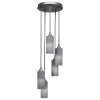 Empire 5 Light Cluster Pendalier Shown In Brushed Nickel Finish With 4 Gray Matrix Glass