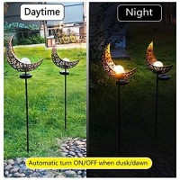 Solar Powered Garden Lights, 2 Pack Antique Brass Hollow-Carved Metal Moon With Warm White Crackle Glass Globe Stake Lights,Waterproof Outdoor For Lawn,Patio,Yard