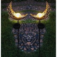 Solar Powered Garden Lights, 2 Pack Antique Brass Hollow-Carved Metal Moon With Warm White Crackle Glass Globe Stake Lights,Waterproof Outdoor For Lawn,Patio,Yard