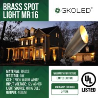 Gkoled Ul Listed Solid Brass Landscape Spotlight, Low Voltage Outdoor Directional Uplight, With 5W Mr16 Led Bulb & Large Rugged Slot Spike, 12V Ac/Dc Garden Patio Spot Up Light