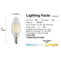 Opalray Led Candelabra Low Voltage Bulb, Dc 12V Input, 2W 200Lm, Dimmable, Warm White Light, E12 Candle Base, Clear Glass Torpedo Tip, 25W Incandescent Equivalent, 12-24V Dc Power, 3 Pack