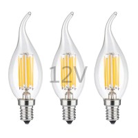 Opalray Led Candelabra Bulb,12V Low Voltage, Dimmable With Dc Dimmer, 6W 600Lm, 60W Incandescent Equivalent, Warm White Light, E12 Small Base, Clear Glass Flame Tip, Dc 12V To 24V Power Supply, 3 Pack