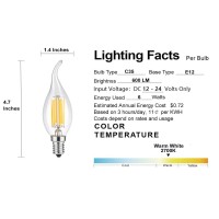 Opalray Led Candelabra Bulb,12V Low Voltage, Dimmable With Dc Dimmer, 6W 600Lm, 60W Incandescent Equivalent, Warm White Light, E12 Small Base, Clear Glass Flame Tip, Dc 12V To 24V Power Supply, 3 Pack