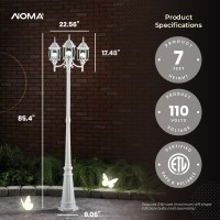 Noma Aluminum Triple Head Outdoor Street Light Lamp Post Lantern With Clear Glass Panels For Patio, Garden, And Backyard, White