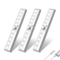 Oxyled Under Cabinet Lights, Usb Rechargeable Motion Sensor Closet Lights, Wireless Magnetic Stick-On Cordless 10 Led Night Light Bar For Closet Cabinet Wardrobe Stairs Hallway, 3 Pack