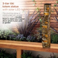 Alpine Corporation 3-Tier Tiki Totem Statue With Solar Led Lights - Outdoor Decor For Garden, Patio, Deck, Porch - Yard Art Decoration - 20 Inches Tall