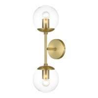 Light Society Brushed Brass And Clear Glass Zeno 2-Light Globe Wall Sconce, Mid Century Modern Retro Vintage Style