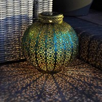 Outdoor Moroccan Lantern - Solar Powered - Blue And Gold - Warm White Leds - 24Cm