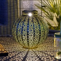 Outdoor Moroccan Lantern - Solar Powered - Blue And Gold - Warm White Leds - 24Cm