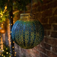 Outdoor Moroccan Lantern - Solar Powered - Blue And Gold - Warm White Leds - 24Cm