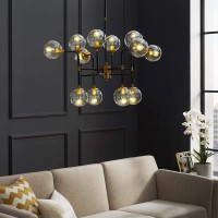 Modway Eei-2884 Ambition Industrial Modern Black Metal And Glass Pendant, 12-Light Chandelier, Yellow