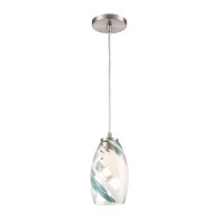 Turbulence 1-Light Mini Pendant In Satin Nickel With Clear Glass With Aqua Blue And White Swirls