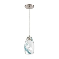 Turbulence 1-Light Mini Pendant In Satin Nickel With Clear Glass With Aqua Blue And White Swirls