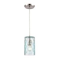 Diamond Pleat 1-Light Mini Pendant In Satin Nickel With Light Aqua Diamond Pattern Glass