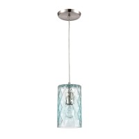 Diamond Pleat 1-Light Mini Pendant In Satin Nickel With Light Aqua Diamond Pattern Glass