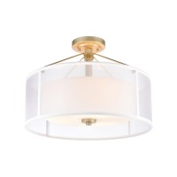 Diffusion 3-Light Semi Flush Mount In Aged Silver With Frosted Glass Inside Silver Organza Shade