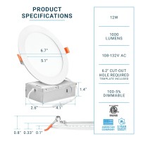 Parmida Led Technologies (12 Pack) 6 Inch Ultra-Thin Led Recessed Ceiling Light With Junction Box, 12W, Dimmable Canless Wafer Slim Panel Downlight, Ic Rated, Etl-Listed - 5000K