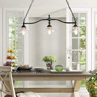 Log Barn Dining Room Light Fixture Hanging, Farmhouse Chandelier In Rustic Black Metal With Clear Glass Shades, Adjustable Chains, Pendant For Kitchen Island