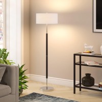 Henn&Hart 2-Light Floor Lamp With Fabric Shade In Matte Black/Polished Nickel/White, Floor Lamp For Home Office, Bedroom, Living Room