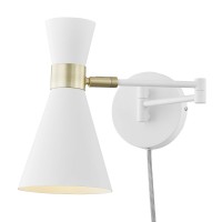 Light Society Ls-W279-Wh Beaker Plug-In Wall Sconce In Matte White With Swivel Arm And Brass Details, Modern Mid-Century Retro Style Lighting