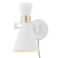 Light Society Ls-W279-Wh Beaker Plug-In Wall Sconce In Matte White With Swivel Arm And Brass Details, Modern Mid-Century Retro Style Lighting