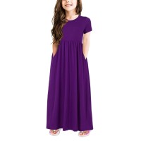 Gorlya Girls Short Sleeve Floral Print Loose Casual Holiday Long Maxi Dress With Pockets (8Yearsheight:130Cm, Purple)