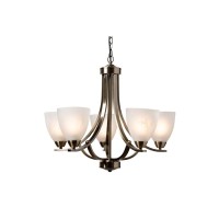 Featuring a classic design the Ciaran chandelier is easy to incorporate into any space Suspended from a chain the Ciaran showcases five frosted white lamp shades that cast a subtle glow when lit Brushed antique brass finish on the metal is complementary t