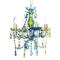 Gypsy Color The Original 4 Light Blue Green Hardwire Flush Mount Chandelier H175Axw15A, Silver Metal Frame With Blue Glass Stem And Multicolor Acrylic Crystals Beads That Sparkle Just Like Glass