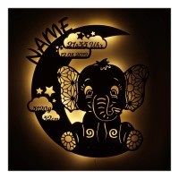 Personalised Led Night Light With Name, Lamp Elephant On Moon Gifts For Kids Newborn Baby Girl Boy Anniversary 1St Birthday Christening Shower Baptism Present With Birth Details Stats