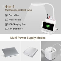 Led Desk Lamp, Novolido Rechargeable Lamp With Usb Charging Port/Pen Holder/Phone Holder, Small Study Cute For Kids/Home/Office/Dorm, Flexible Portable Bedside Table Reading (White)