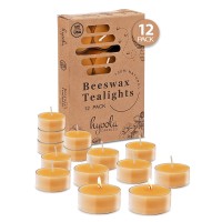 Pure Beeswax Tea Lights - 12 Pack - Handmade Decorative Unscented - Tealight Candles - 4 Hour Burn Time, Clear Cup