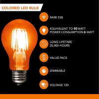 Sleeklighting Led 6Watt Filament A19 Orange Colored Light Bulbs - Ul Listed, E26 Base Lightbulb - Energy Saving - Lasts For 25000 Hours - Heavy Duty Glass - 4 Pack