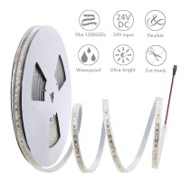 Alitove Led Strip Lights Warm White Waterproof 32.8Ft 1200 Leds 2835 Smd 24V Dc 3500K Outdoor Led Flexible Ribbon For Kitchen Bedroom Garden Under-Cabinet Backyard Hallways Stairs Decoration Lighting