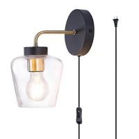 Tehenoo Plug In Wall Sconce, Clear Glass Shade,Modern Matte Black Wall Lamp With Brass Accent Edison Socket For Bedroom,Bedside Living Room,E26 Base