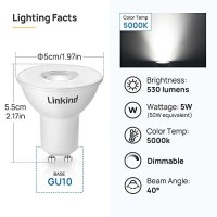 Linkind Gu10 Led Bulbs, Dimmable Mr16 Gu10 Led Bulbs, 50W Equivalent, 530Lm 5000K Daylight Track Light Bulbs, 40Ͽ