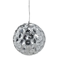 DETAILS Illuminate your living room dining room or foyer in chic style with this elegant pendant showcases five 20 watt bulbs charming silver flower pattern and aluminum sphere Product Pendant Light Material Aluminum Metal chrome plating Features Uses 5 x