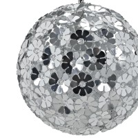 DETAILS Illuminate your living room dining room or foyer in chic style with this elegant pendant showcases five 20 watt bulbs charming silver flower pattern and aluminum sphere Product Pendant Light Material Aluminum Metal chrome plating Features Uses 5 x