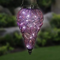 Exhart Outdoor Garden Solar Lights, Tear-Shaped Glass And Metal Hanging Lantern, 15 Firefly Led Lights, 7 X 24 Inch, Lavender