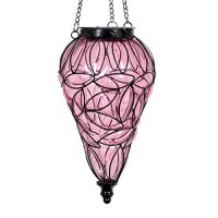 Exhart Outdoor Garden Solar Lights, Tear-Shaped Glass And Metal Hanging Lantern, 15 Firefly Led Lights, 7 X 24 Inch, Lavender