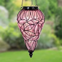 Exhart Outdoor Garden Solar Lights, Tear-Shaped Glass And Metal Hanging Lantern, 15 Firefly Led Lights, 7 X 24 Inch, Lavender