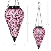 Exhart Outdoor Garden Solar Lights, Tear-Shaped Glass And Metal Hanging Lantern, 15 Firefly Led Lights, 7 X 24 Inch, Lavender