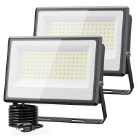 Olafus 2 Pack 100W Led Flood Light Outdoor, 9000Lm Led Work Light With Plug, Ip66 Waterproof Exterior Security Lights, 6500K Daylight White Outside Floodlights For Playground Yard Stadium Lawn