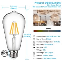 Shine Hai 10-Pack Led Edison Bulb Dimmable, Daylight White 5000K, 60W Equivalent, 6W, 800 Lumens High Brightness, St64 Vintage Filament Light Bulb, Led Antique Bulbs, Cri 85+, E26 Medium Base