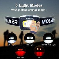 Rechargeable Headlamp, Molaer Led Head Lamp Flashlight 550 Lumens With Red Safety Light And Motion Sensor Switch, 5 Lighting Modes Ipx5 Waterproof Headlight Great For Running, Camping, Hiking, Fishing