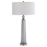 This Sleek Table Lamp Features a Frosted Art glass Base in Light gray with White Speckled Texture46 The Piece is Accented by Polished Nickel Details and a crystal Ornament46 The Hardback Drum Shade is covered in a White Linen Fabric46 FeaturesLamps combin