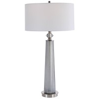 This Sleek Table Lamp Features a Frosted Art glass Base in Light gray with White Speckled Texture46 The Piece is Accented by Polished Nickel Details and a crystal Ornament46 The Hardback Drum Shade is covered in a White Linen Fabric46 FeaturesLamps combin