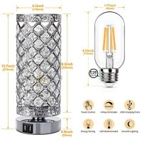 Maxvolador Crystal Touch Control Table Lamp With Dual Usb Charging Ports, 3-Way Dimmable Decorative Bedside Nightstand Desk Lamps For Bedrooms Living Room, Small Night Light, T45 Led Bulb Included