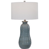 This ceramic Table Lamp has a Tapering Ribbed Surface that39s Finished in a Light Blue crackled glaze44 Accented with Brushed Nickel Details46 A Hardback Drum Shade in White Linen compliments this Piece46 Due to the Nature of Fired glazes on ceramic Lamps