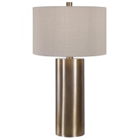 Finished in an Antiqued Brushed Brass44 This Table Lamp Keeps itSimple Yet Upscale with a Large Metal cylinder Base with Matching Accents46 The Hardback Drum Shade is Finished in a Beige Linen Fabric46 FeaturesLamps combines Premium Quality Materials with